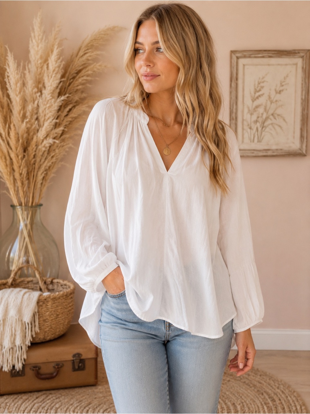 H&M White V-Neck Flowing Peasant Blouse